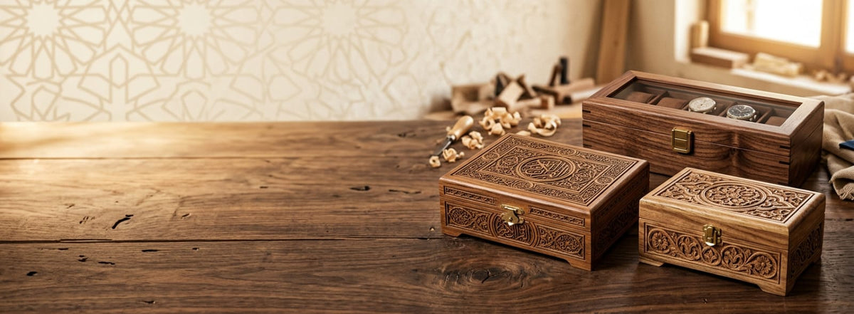 Three carved wooden jewelry boxes of different sizes arranged on a rustic wooden table, with one box open to show a watch inside. The background features a warm, patterned wall and a soft window light.