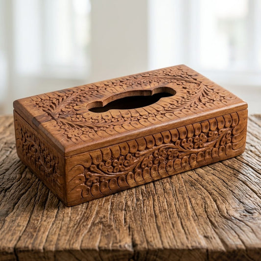 An ornate, hand-carved wooden tissue box cover with intricate floral and scroll patterns, resting on a rustic wooden surface.
