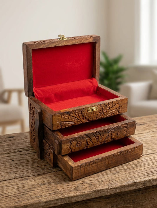 3 Portion Hand Carved Jewelry Box