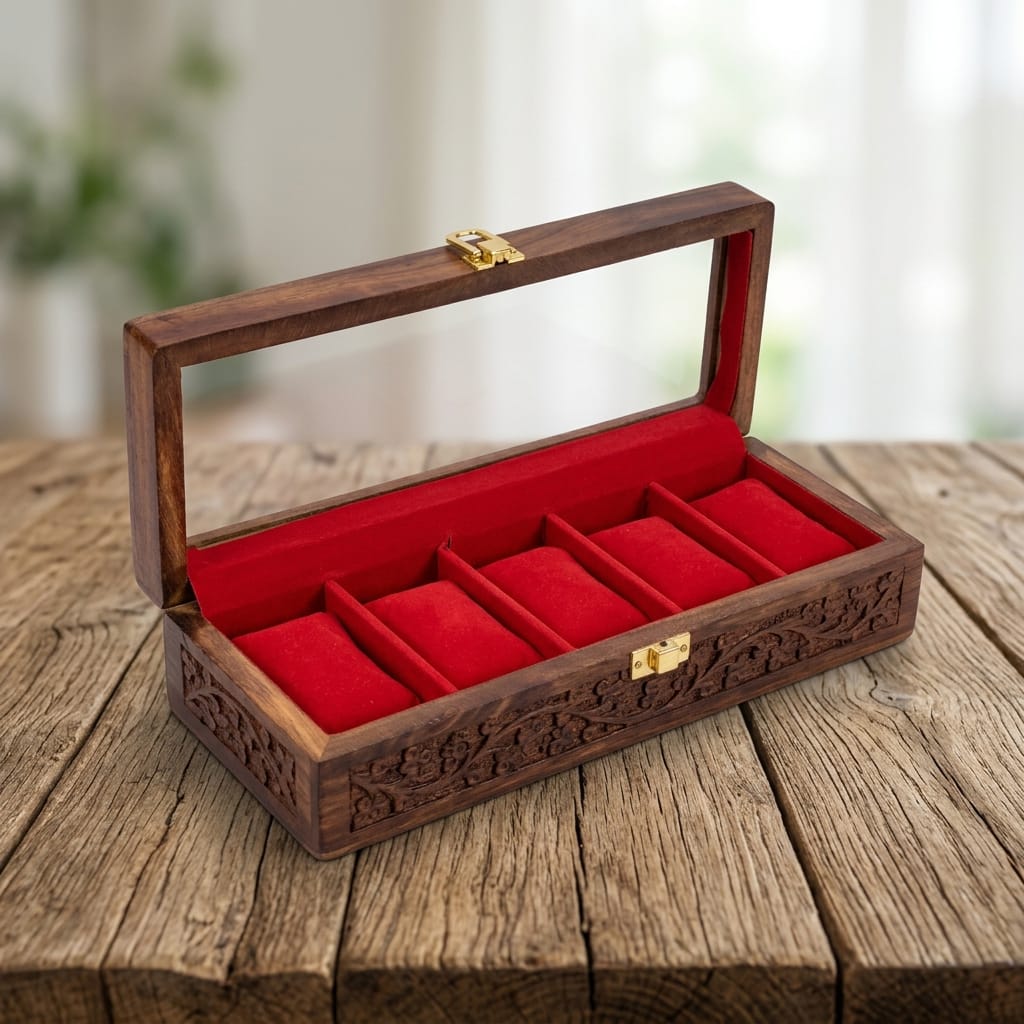 5 Watches Hand Carved Wooden Watch Box