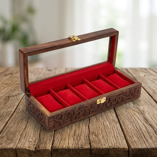 5 Watches Hand Carved Wooden Watch Box