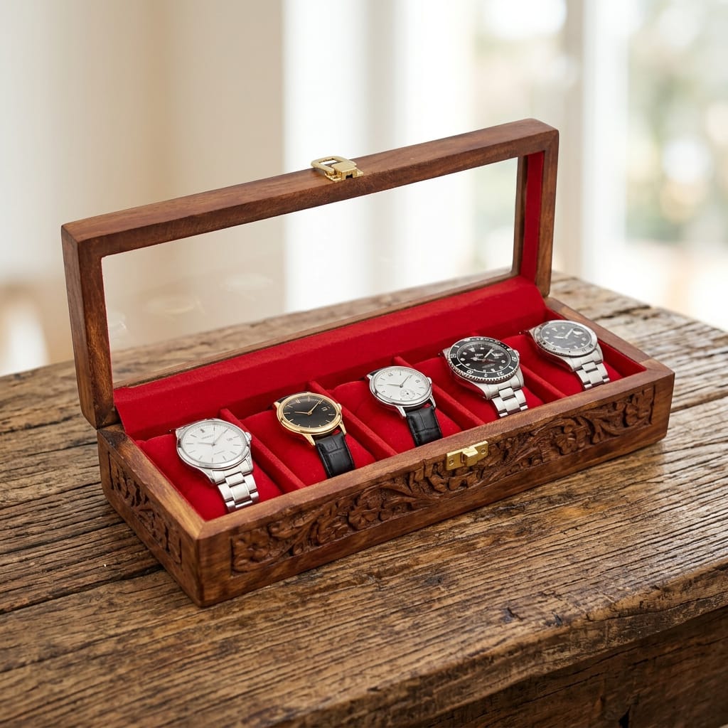 5 Watches Hand Carved Wooden Watch Box