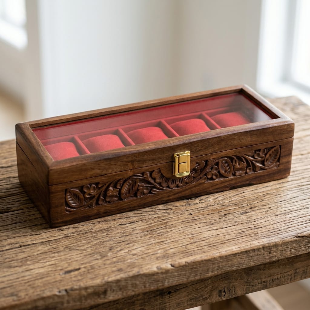 5 Watches Hand Carved Wooden Watch Box