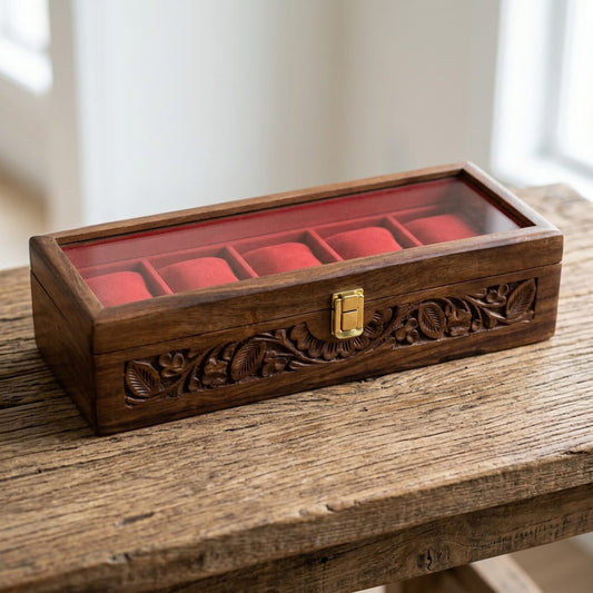 5 Watches Hand Carved Wooden Watch Box